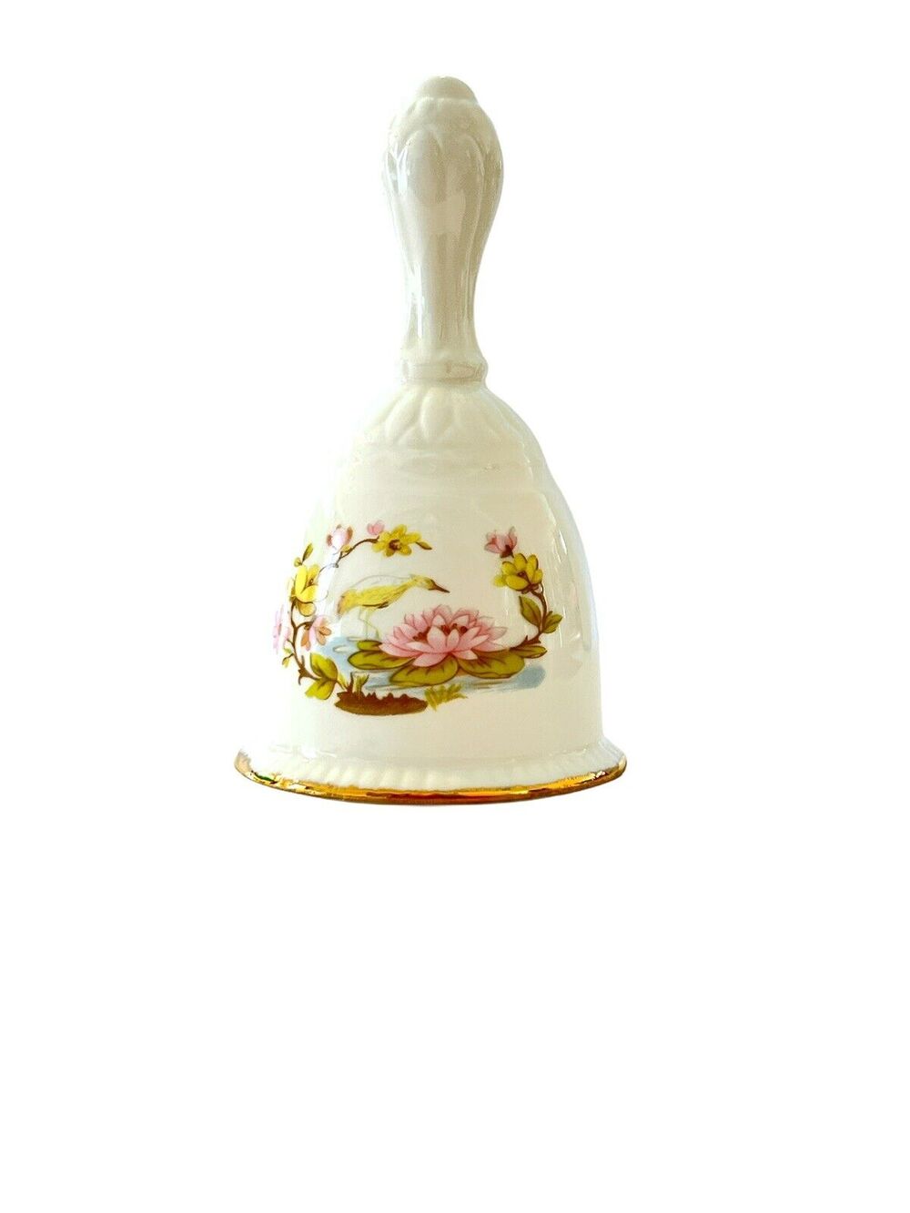 Vintage Bone China Hand Bell Lotus Flower Bird Motif 5.5”